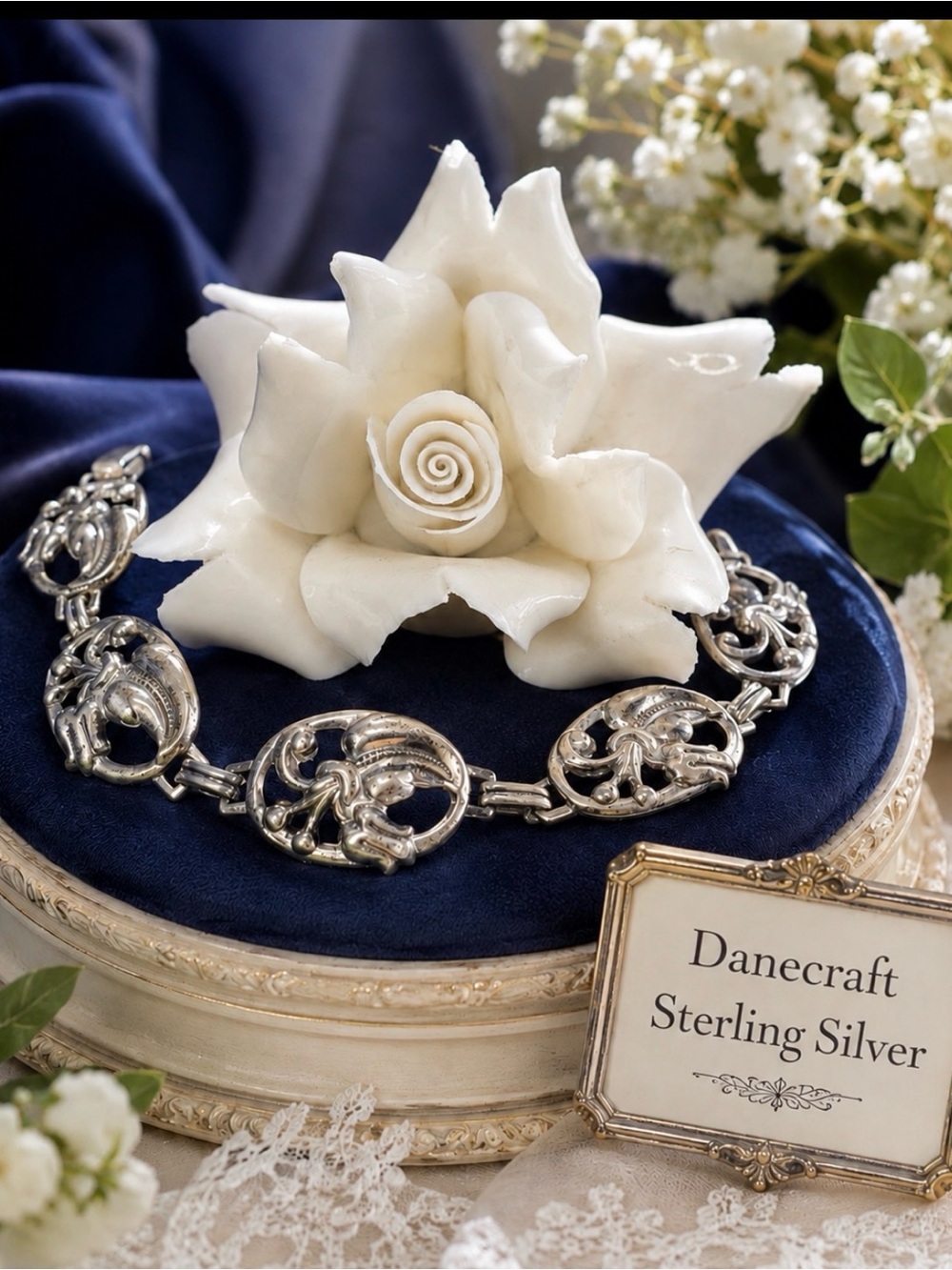 🤩Bracelet Danecraft 925 Sterling Silver Vintage Floral Link Statement